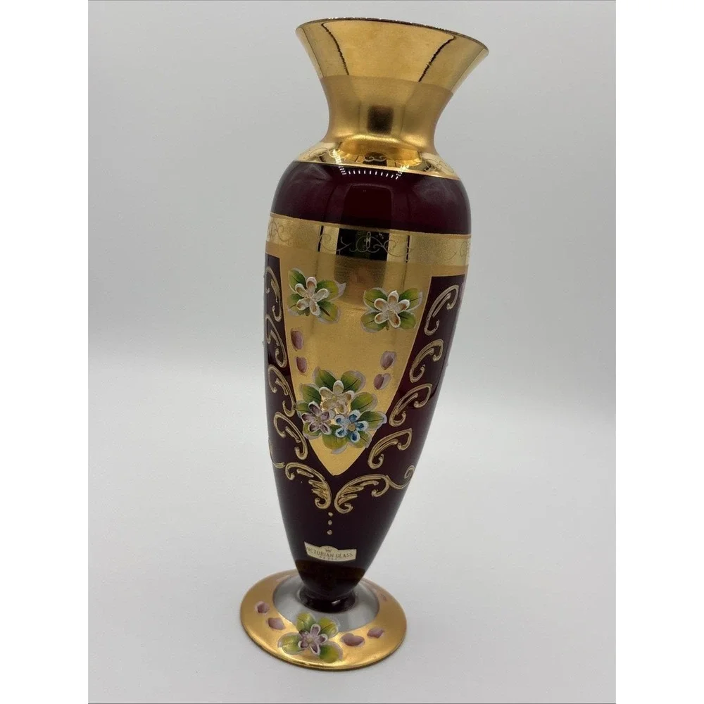 Seyei Japan Ruby Red Cranberry Glass Vase - 24K Gold Gilt & Enamel Flowers